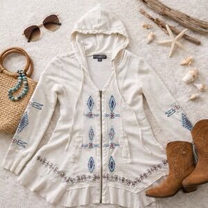 The Pyramid Collection Embroidered Zip Jacket Ivory Asymmetric Hem Sz XS Artsy